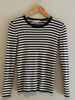 LOFT Navy and White Striped Ribbed Crewneck Sweater 50/50 Wool/Acrylic Size M
